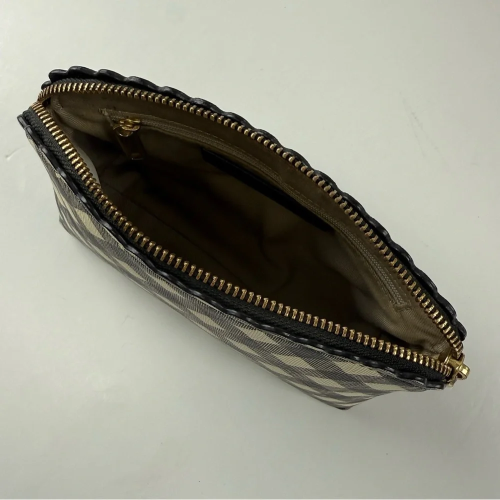 Talbots Cosmetic Makeup Bag Womens Black Cream Gingham Scallop Zipper Travel